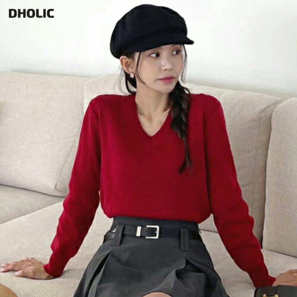 リブブヘムVネックニット・t00234 レディース 【tops】トップス ニット 長袖 Vネック 単色 無地 シンプル 緑 カーキ メランジ アンバランス クロップド丈 ベーシック クリスマス レッド 赤 カラーニット 秋 冬 韓国ファッション