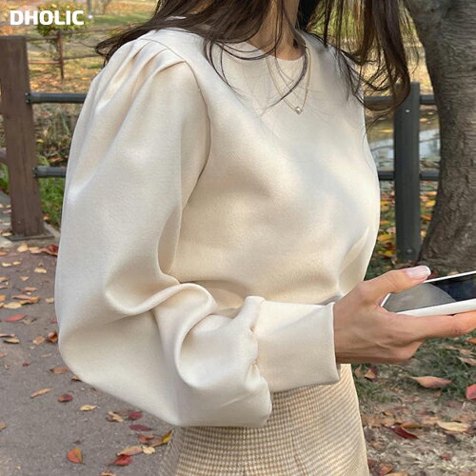 タックパフスリーブブラウス・t00233 レディース 【bl】トップス ブラウス 長袖 パフスリーブ タック ラウンドネック 単色 無地 シンプル 季節感 フェミニン かわいい ギャザー 秋 冬 韓国ファッション