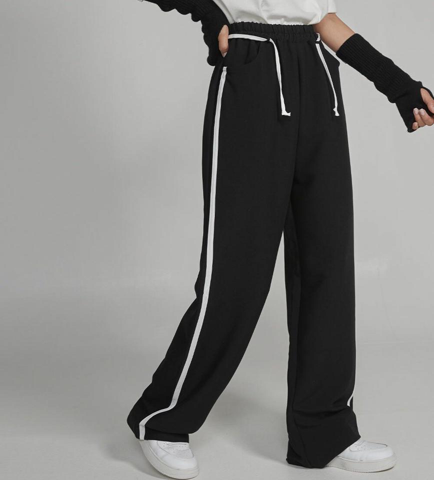 ストラップ付ウール混ラインパンツ・t00126 レディース 【pt】パンツ ズボン ロングパンツ サイドライン ウエストゴム 楽ちん ラフ カジュアル ハイウエスト フルレングス ストレート ワイド 秋 冬 韓国ファッション