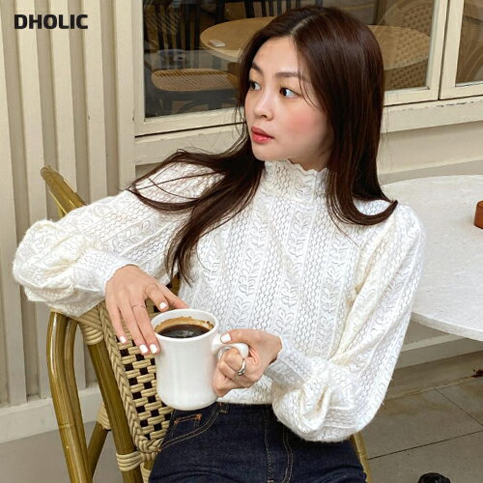 【新作10%OFF】レースシースルーパフブラウス・b00263 レディース 【bl】トップス ブラウス 長袖 パフスリーブ シースルー 透け感 シアー レース 総レース フェミニン きれいめ 大人 ハーフネック スカラップ パンチング 秋 冬 韓国ファッション SALE セール