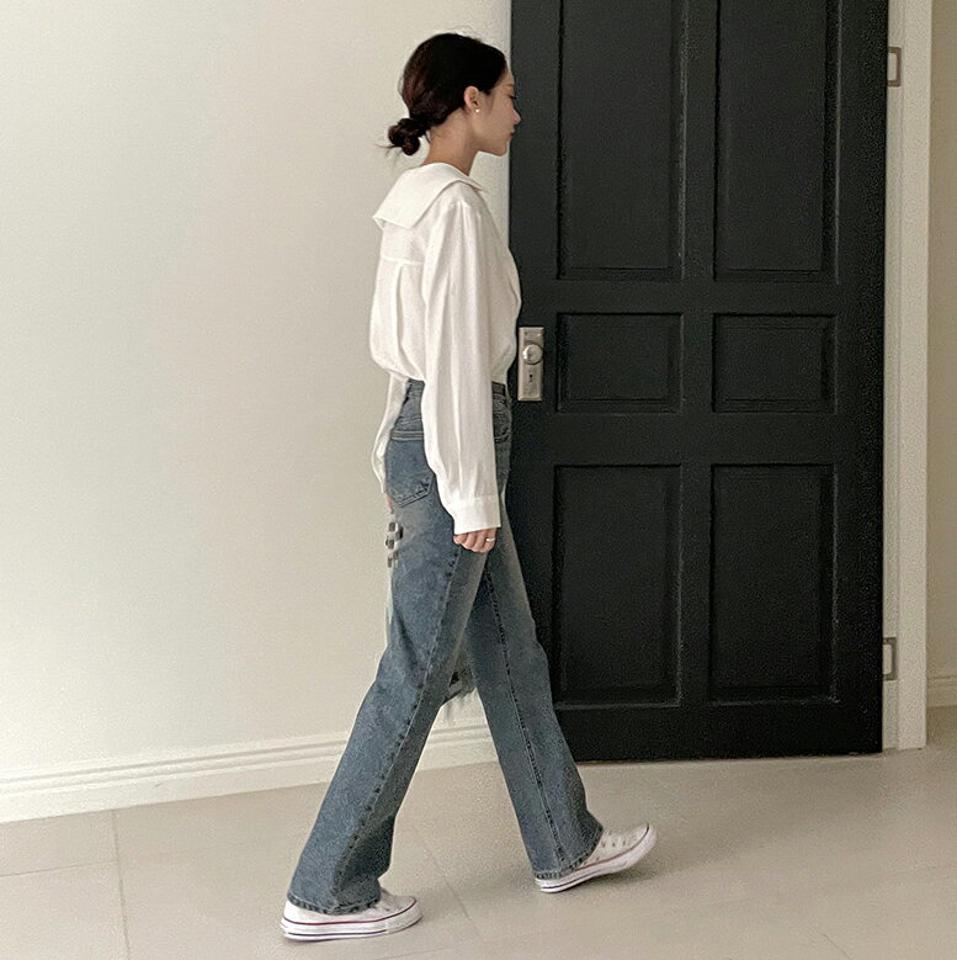 セーラーカラータックブラウス・t00099 レディース 【bl】トップス ブラウス 長袖 タック セーラーカラー 襟コン かわいい 可愛い 単色 無地 シンプル 白 ホワイト オープンカラー オフィス 秋 冬 韓国ファッション