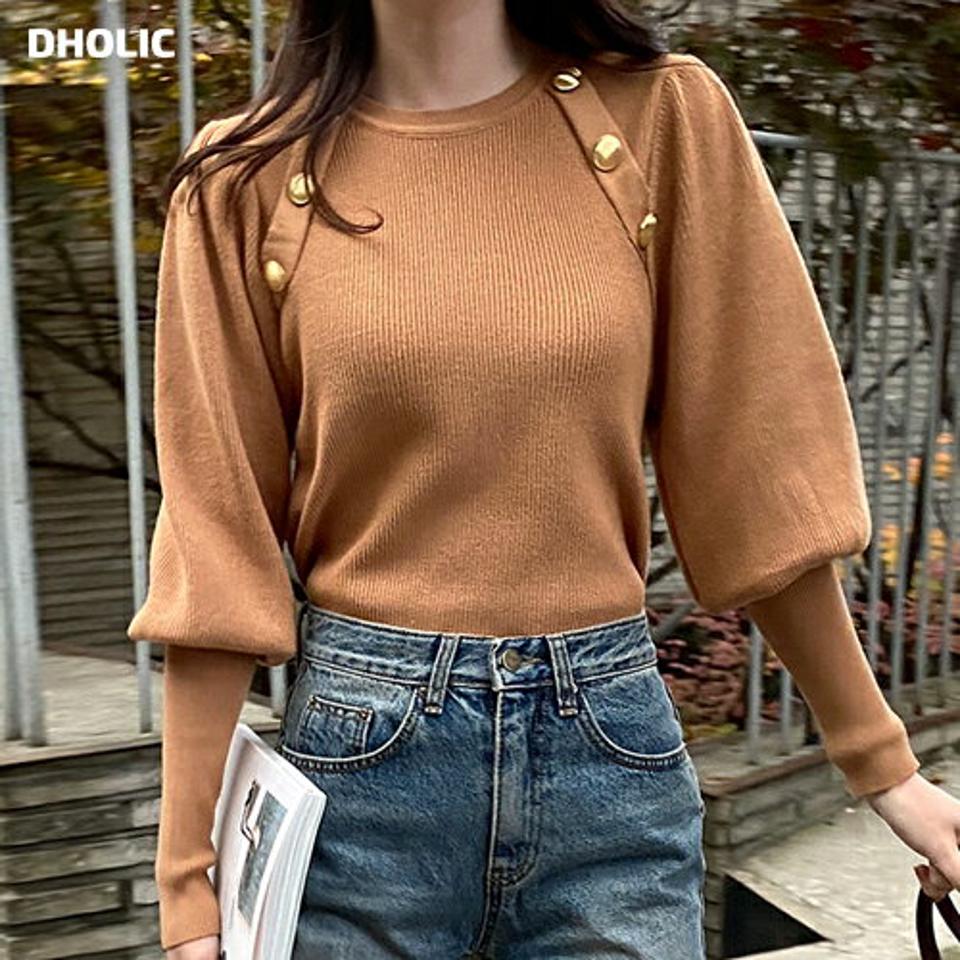 ゴールドボタンパフニット・b00101 レディース 【tops】トップス ニット ラウンドネック ゴールドボタン パフスリーブ ボリューム袖 袖コン リブ 大人 ユニーク おしゃれ カジュアル 秋 冬 韓国ファッション