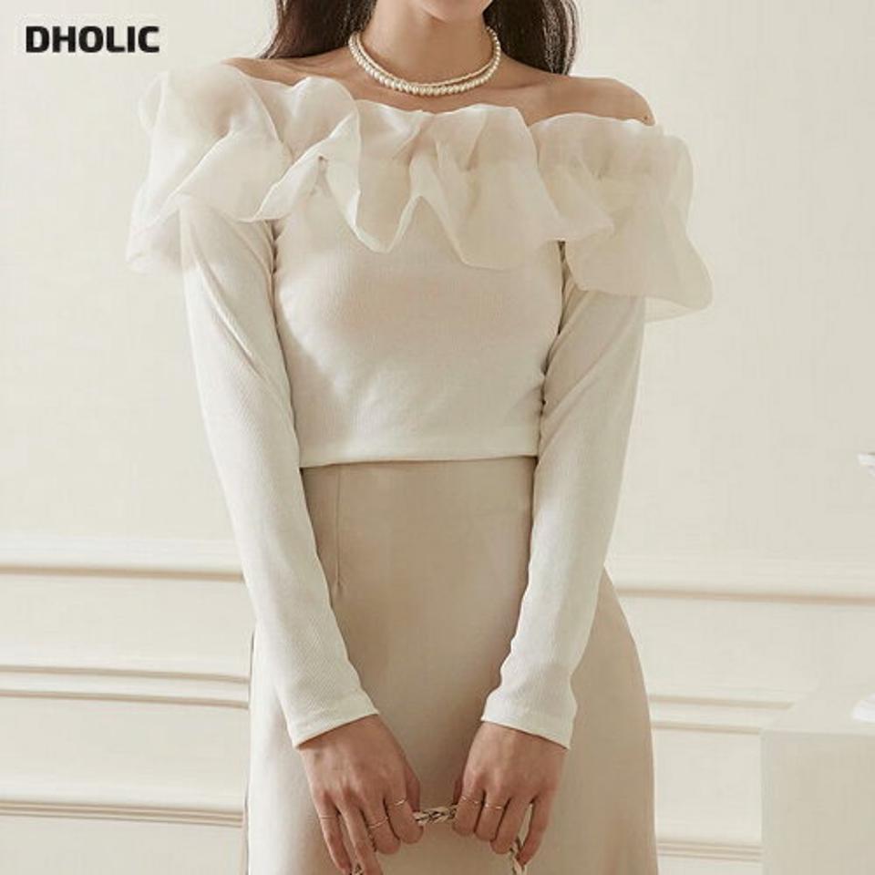 【新作10%OFF】フリルオフショルTシャツ・t00137 レディース 【tops】トップス 長袖 Tシャツ オフショルダー 肩出し フリル 襟コン ガーリー 大人 高級感 リブ 肌見せ デコルテ セクシー クリスマス かわいい オーガンジー 可愛い 秋 冬 韓国ファッション SALE セール
