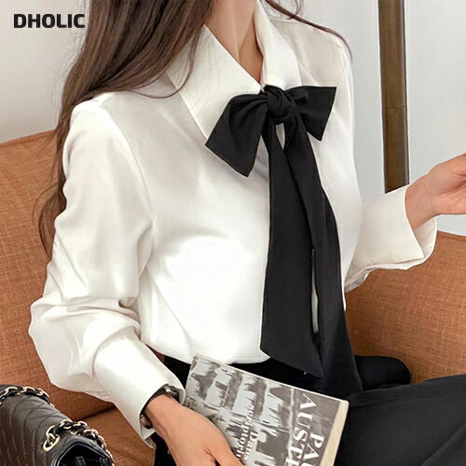 スカーフ付カラーブラウス・t00110 レディース 【bl】トップス ブラウス 長袖 ボウタイ りぼん リボン 襟コン フェミニン ガーリー シック モノトーン かわいい 可愛い オケージョン お呼ばれ 秋 冬 貼る 韓国ファッション