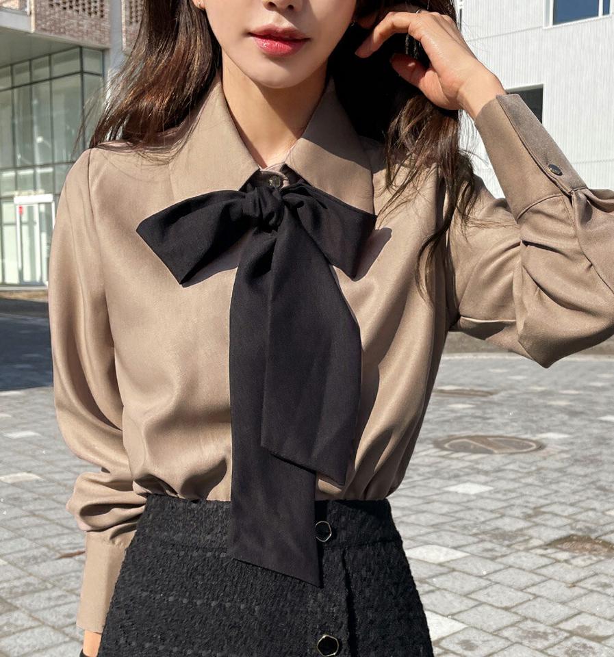 スカーフ付カラーブラウス・t00110 レディース 【bl】トップス ブラウス 長袖 ボウタイ りぼん リボン 襟コン フェミニン ガーリー シック モノトーン かわいい 可愛い オケージョン お呼ばれ 秋 冬 貼る 韓国ファッション
