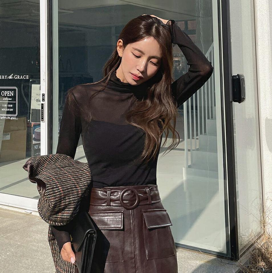 シアーハーフネックメロウブラウス・b00125 レディース 【bl】トップス ブラウス 長袖 ハーフネック シアー 透け感 シースルー きれいめ レイヤード 単色 無地 シンプル メロウ 秋 冬 韓国ファッション クリスマス