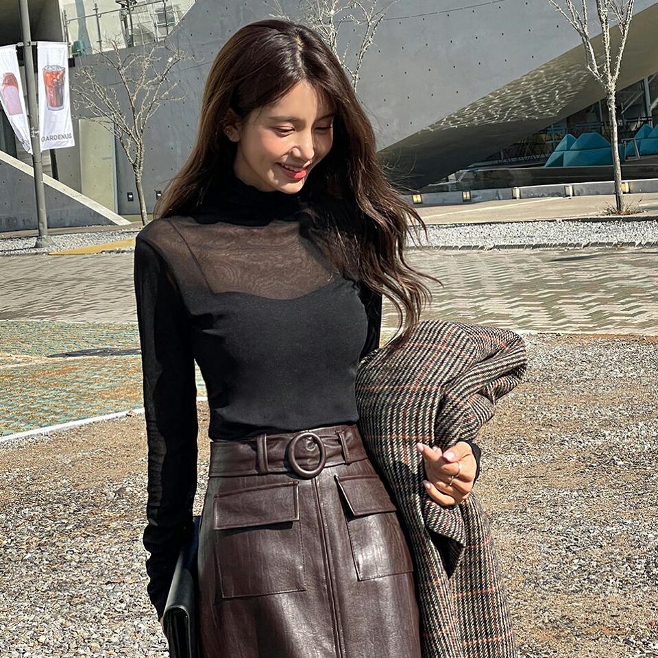 シアーハーフネックメロウブラウス・b00125 レディース 【bl】トップス ブラウス 長袖 ハーフネック シアー 透け感 シースルー きれいめ レイヤード 単色 無地 シンプル メロウ 秋 冬 韓国ファッション クリスマス