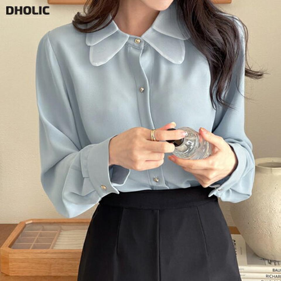 ダブルシアーカラーブラウス・t00135 レディース 【bl】トップス ブラウス 長袖 襟コン シアー 透け感 シースルー 水色 カラーブラウス ブルー フェミニン かわいい 大人 可愛い オフィス オケージョン 単色 無地 秋 冬 韓国ファッション