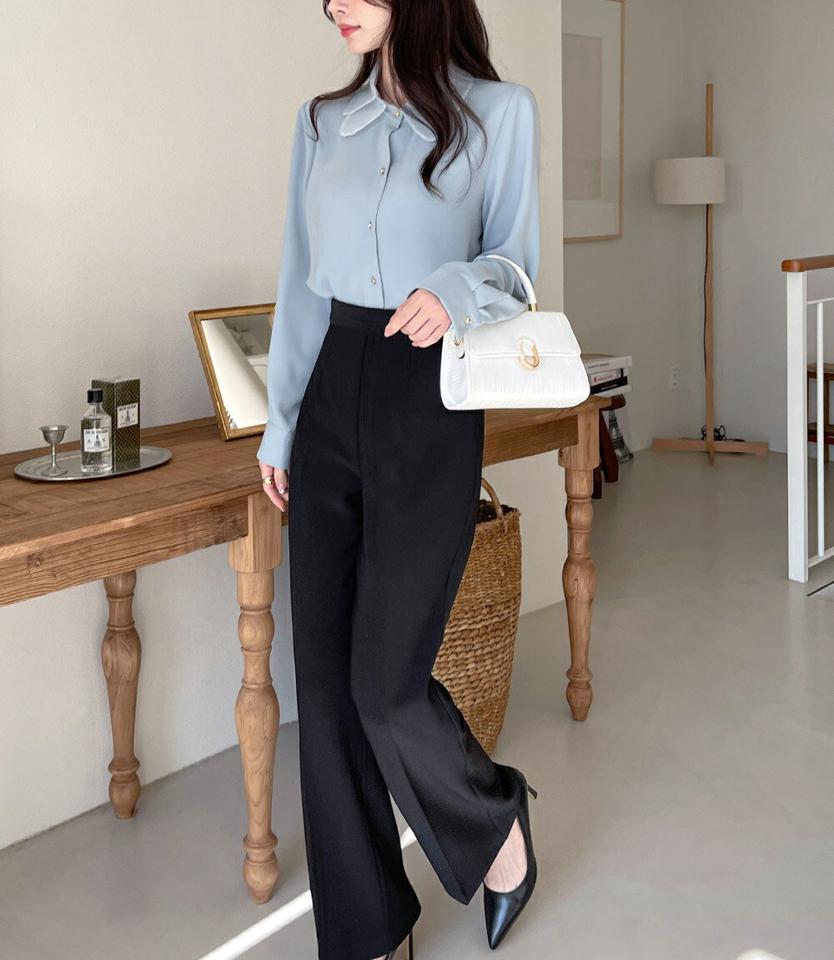 ダブルシアーカラーブラウス・t00135 レディース 【bl】トップス ブラウス 長袖 襟コン シアー 透け感 シースルー 水色 カラーブラウス ブルー フェミニン かわいい 大人 可愛い オフィス オケージョン 単色 無地 秋 冬 韓国ファッション