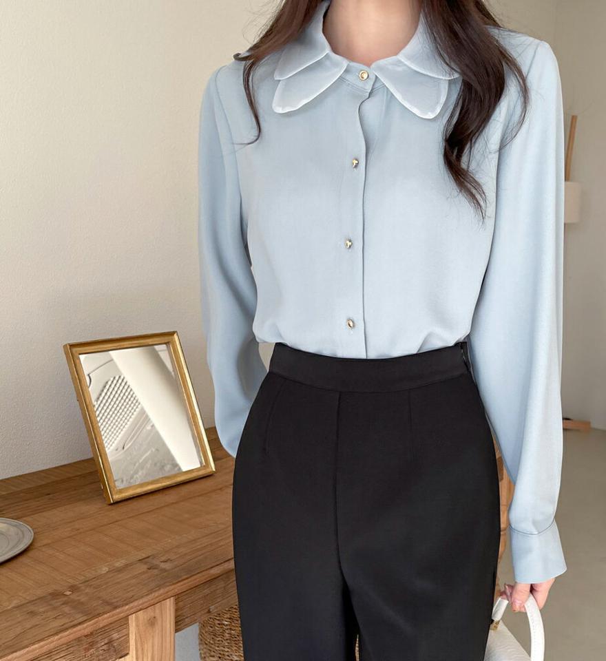 ダブルシアーカラーブラウス・t00135 レディース 【bl】トップス ブラウス 長袖 襟コン シアー 透け感 シースルー 水色 カラーブラウス ブルー フェミニン かわいい 大人 可愛い オフィス オケージョン 単色 無地 秋 冬 韓国ファッション