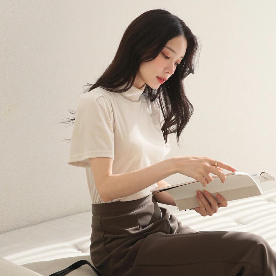 ベロアハーフネック半袖Tシャツ・t00132 レディース 【tops】トップス Tシャツ 半袖 ハーフネック ベロア ツヤ 光沢 単色 無地 シンプル 大人 きれいめ かわいい 秋 冬 韓国ファッション