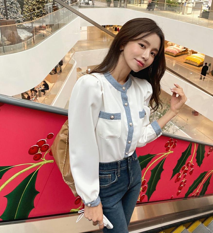 ツイードシフォンポケットブラウス・t00282 レディース 【bl】トップス ブラウス 長袖 シフォン ツイード 大人 フェミニン 上品 オフィス きれいめ 配色 ライン バンドカラー パフスリーブ 秋 冬 韓国ファッション