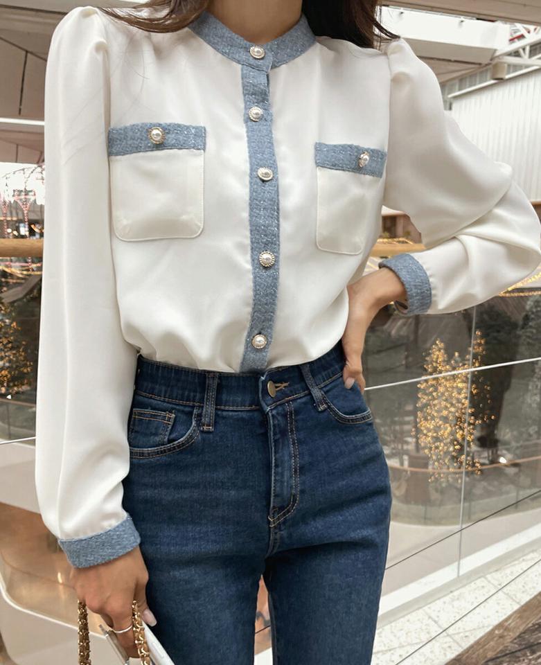 ツイードシフォンポケットブラウス・t00282 レディース 【bl】トップス ブラウス 長袖 シフォン ツイード 大人 フェミニン 上品 オフィス きれいめ 配色 ライン バンドカラー パフスリーブ 秋 冬 韓国ファッション