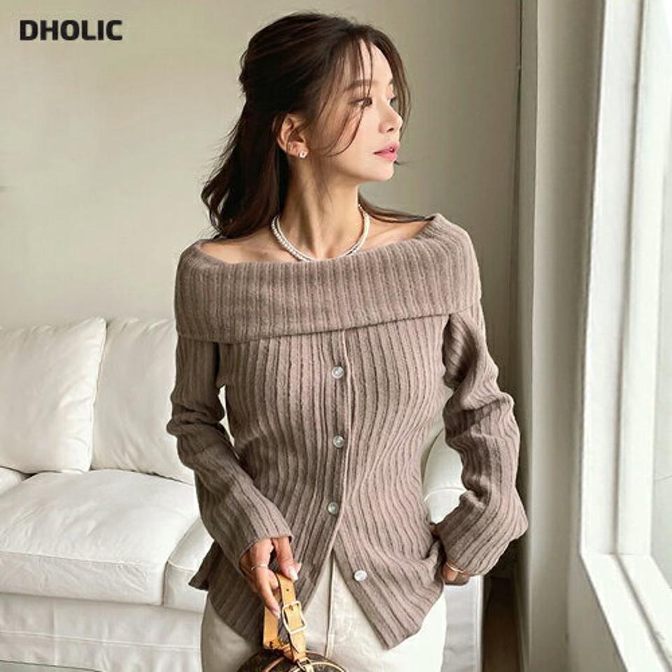 【10%OFF】リブオフショルボタンTシャツ・t00284 レディース 【tops】トップス 長袖 リブ オフショルダー 肩出し 肌見せ セクシー デコルテ 鎖骨 単色 シンプル かわいい 大人 フェミニン 秋 冬 韓国ファッション KWセール