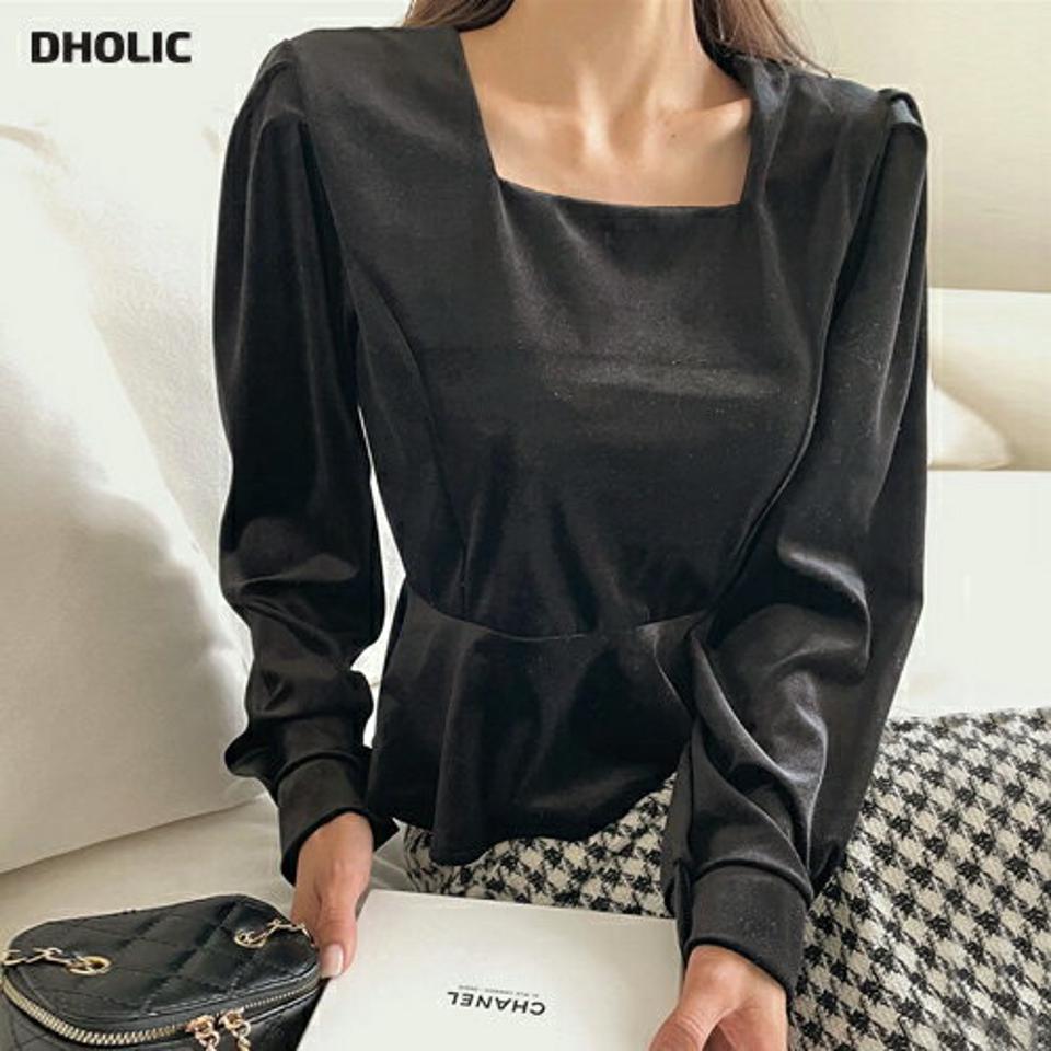 ベロアスクエアペプラムブラウス・t00280 レディース 【bl】トップス ブラウス 長袖 ベロア ペプラム スクエアネック 単色 無地 シンプル きれいめ 上品 大人 光沢 クリスマス フェミニン ラッフル 秋 冬 韓国ファッション