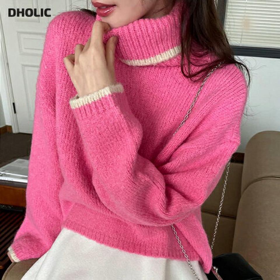 配色トリミンタートルネックニット・t00163 レディース 【tops】トップス ニット カラーニット 長袖 タートルネック 配色 シンプル ピンク かわいい 可愛い カジュアル ドロップショルダー クロップド丈 秋 冬 韓国ファッション