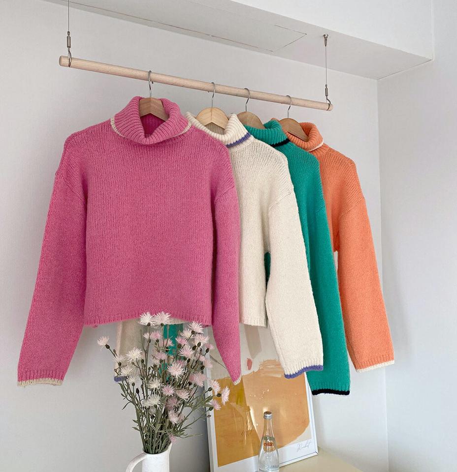 配色トリミンタートルネックニット・t00163 レディース 【tops】トップス ニット カラーニット 長袖 タートルネック 配色 シンプル ピンク かわいい 可愛い カジュアル ドロップショルダー クロップド丈 秋 冬 韓国ファッション