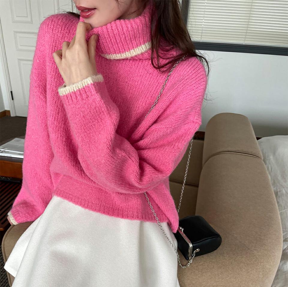 配色トリミンタートルネックニット・t00163 レディース 【tops】トップス ニット カラーニット 長袖 タートルネック 配色 シンプル ピンク かわいい 可愛い カジュアル ドロップショルダー クロップド丈 秋 冬 韓国ファッション
