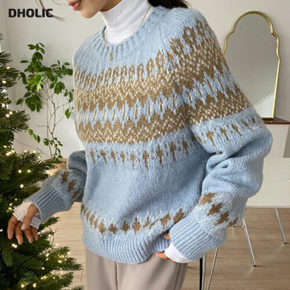 ノルディックルーズニット・t00309 レディース 【tops】トップス ニット 長袖 ノルディック柄 柄ニット カラーニット ラウンドネック カジュアル ラフ 水色 ブルー ルーズ ラグラン ゆったり ラフ 秋 冬 韓国ファッション