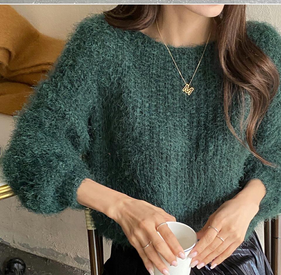 ファータッチボートネックニット・t00308 レディース 【tops】トップス ニット 長袖 ボートネック 単色 無地 シンプル カラーニット カジュアル ラフ 大人 ファータッチ 緑 グリーン 秋 冬 韓国ファッション