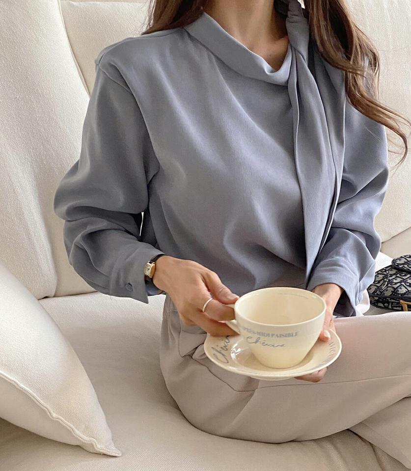 ネックリボンブラウス・t00307 レディース 【bl】トップス ブラウス 長袖 ボウタイ りぼん 襟コン フェミニン 大人 オフィス オケージョン 単色 無地 シンプル きれいめ 青 ブルー 秋 冬 韓国ファッション