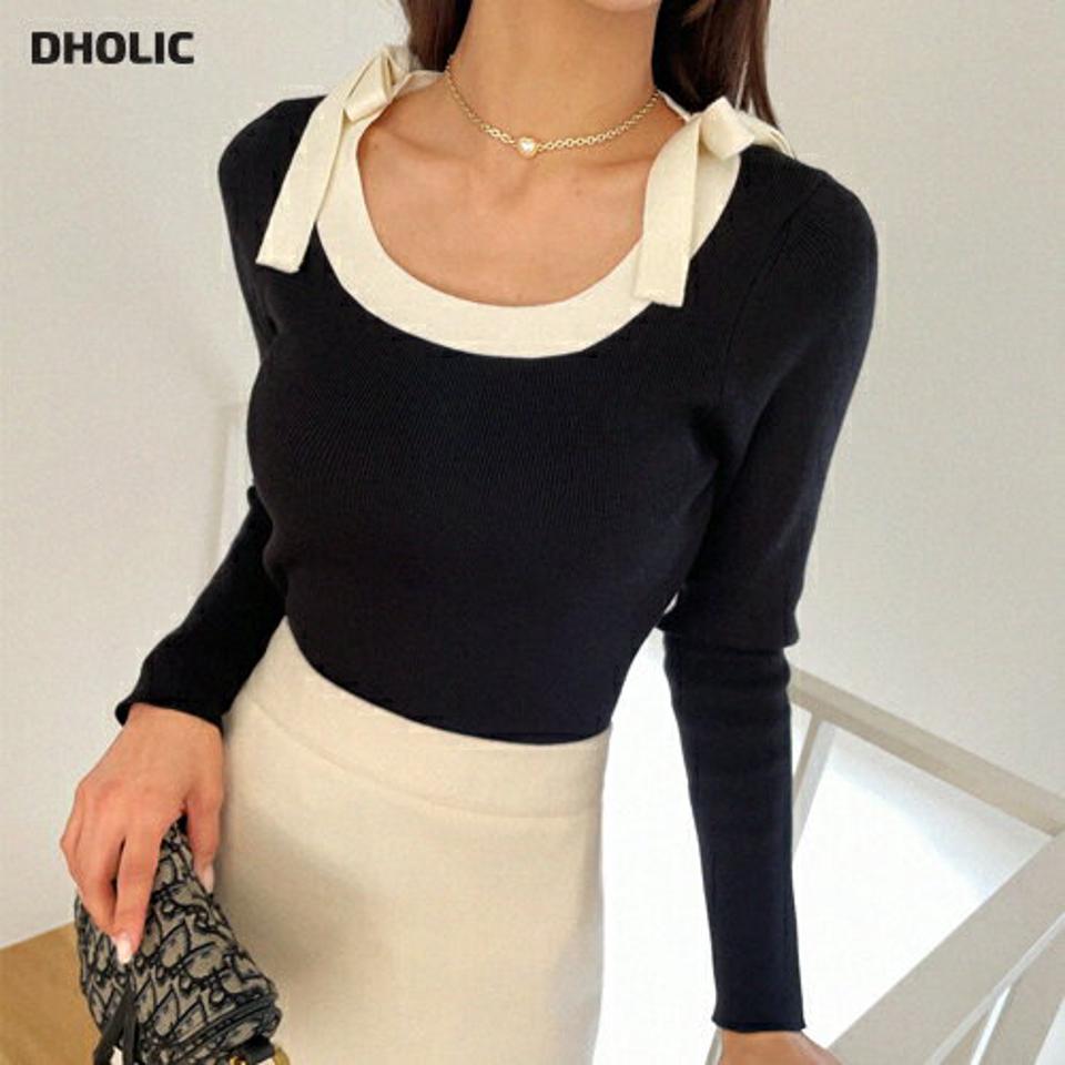 ショルダーリボン配色ニット・b00143 レディース 【tops】トップス ニット 長袖 配色 りぼん デコルテ 襟コン フェミニン 高級感 大人 きれいめ バイカラー 上品 Uネック 秋 冬 韓国ファッション