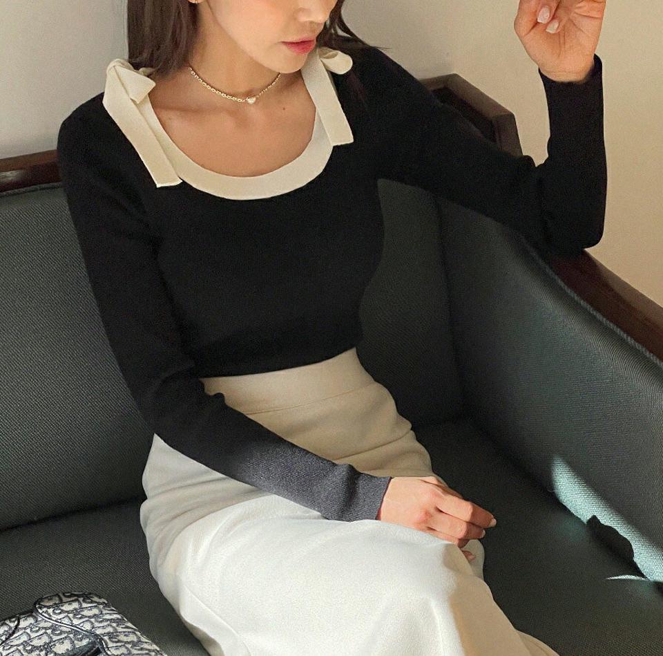 ショルダーリボン配色ニット・b00143 レディース 【tops】トップス ニット 長袖 配色 りぼん デコルテ 襟コン フェミニン 高級感 大人 きれいめ バイカラー 上品 Uネック 秋 冬 韓国ファッション
