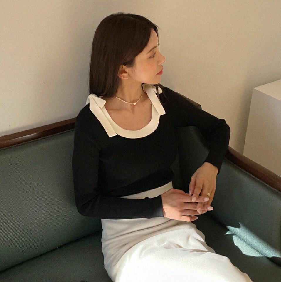 ショルダーリボン配色ニット・b00143 レディース 【tops】トップス ニット 長袖 配色 りぼん デコルテ 襟コン フェミニン 高級感 大人 きれいめ バイカラー 上品 Uネック 秋 冬 韓国ファッション