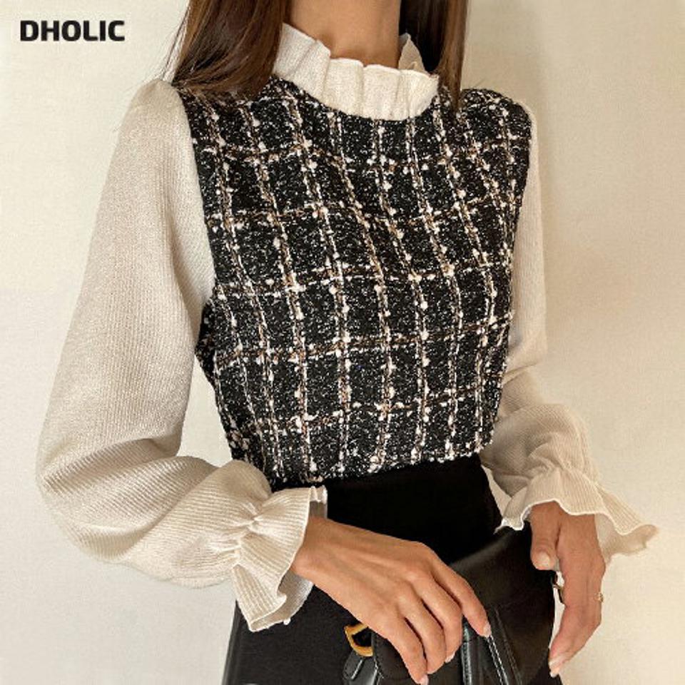 ツイードフリル配色ブラウス・t00155 レディース 【bl】トップス ブラウス 長袖 配色 フリル 襟コン ツイード 大人 袖コン パフスリーブ リブ 異素材 高級感 フェミニン きれいめ 上品 お呼ばれ 秋 冬 韓国ファッション