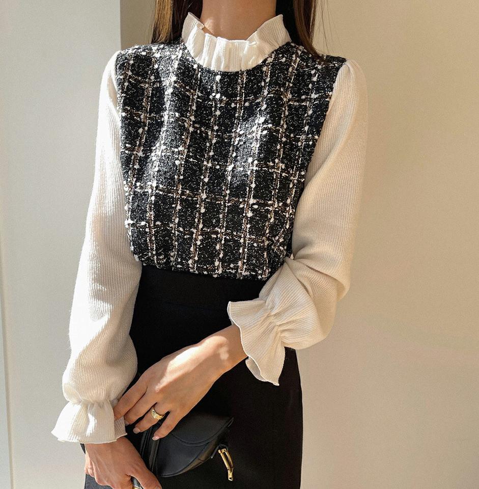 ツイードフリル配色ブラウス・t00155 レディース 【bl】トップス ブラウス 長袖 配色 フリル 襟コン ツイード 大人 袖コン パフスリーブ リブ 異素材 高級感 フェミニン きれいめ 上品 お呼ばれ 秋 冬 韓国ファッション