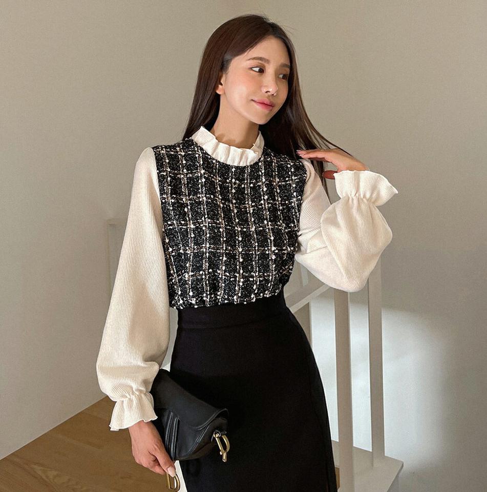 ツイードフリル配色ブラウス・t00155 レディース 【bl】トップス ブラウス 長袖 配色 フリル 襟コン ツイード 大人 袖コン パフスリーブ リブ 異素材 高級感 フェミニン きれいめ 上品 お呼ばれ 秋 冬 韓国ファッション
