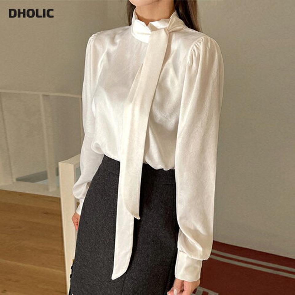 リボンハーフネックブラウス・t00154 レディース 【bl】トップス ブラウス 長袖 ハーフネック ボウタイ りぼん 単色 無地 シンプル きれいめ 上品 高級感 オフィス オケージョン 襟コン ツヤ 光沢 お呼ばれ 秋 冬 韓国ファッション