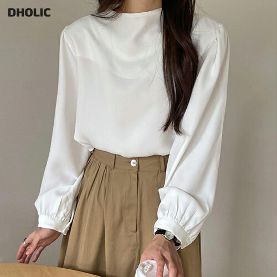 ハーフネックボタンブラウス・t00137 レディース 【bl】トップス ブラウス 長袖 ハーフネック 単色 無地 シンプル 大人 きれいめ オフィス ベーシック パフスリーブ ハーフネック ラウンドヘム 白 ホワイト 秋 冬 韓国ファッション