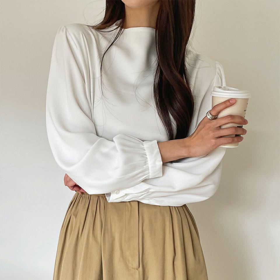 ハーフネックボタンブラウス・t00137 レディース 【bl】トップス ブラウス 長袖 ハーフネック 単色 無地 シンプル 大人 きれいめ オフィス ベーシック パフスリーブ ハーフネック ラウンドヘム 白 ホワイト 秋 冬 韓国ファッション
