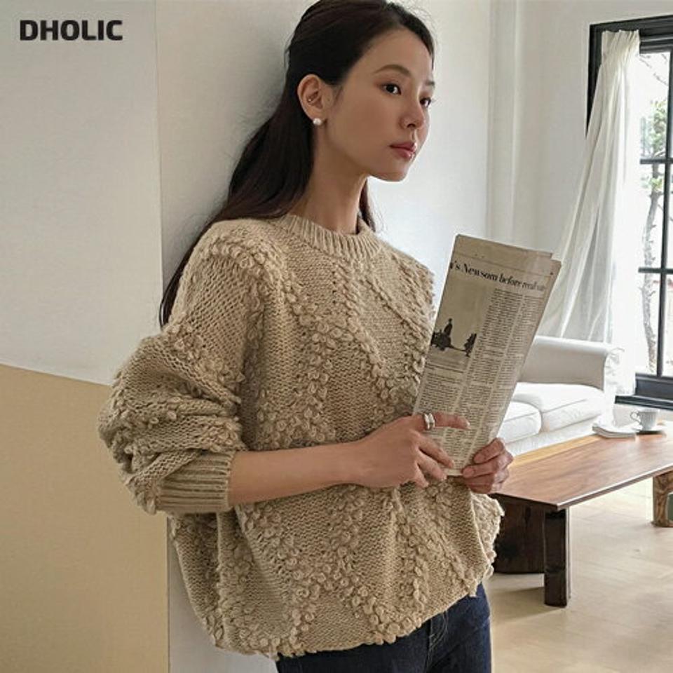 ブークレダイヤパターンニット・t00141 レディース 【tops】トップス ニット 長袖 ブークレ ランドネック シンプル かわいい 可愛い カジュアル 単色 大人 オーバーサイズ ダイヤ ドロップショルダー 冬 韓国ファッション