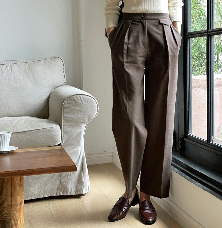 ウール混フラップタックスラックス・t00147 レディース 【pt】パンツ ズボン スラックス ロング 単色 無地 シンプル きれいめ シック 大人 オケージョン オフィス ウール センタープレス ハイウエスト ワイド ストレート 秋 冬 韓国ファッション