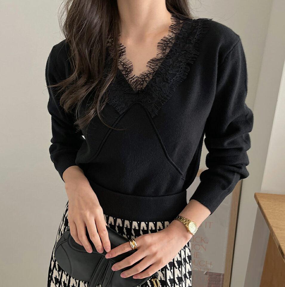 Vネックレースニット・b00179 レディース 【tops】トップス ニット 長袖 レース Vネック フェミニン きれいめ 上品 大人 単色 無地 シンプル クロップド丈 アンバランス 秋 冬 韓国ファッション