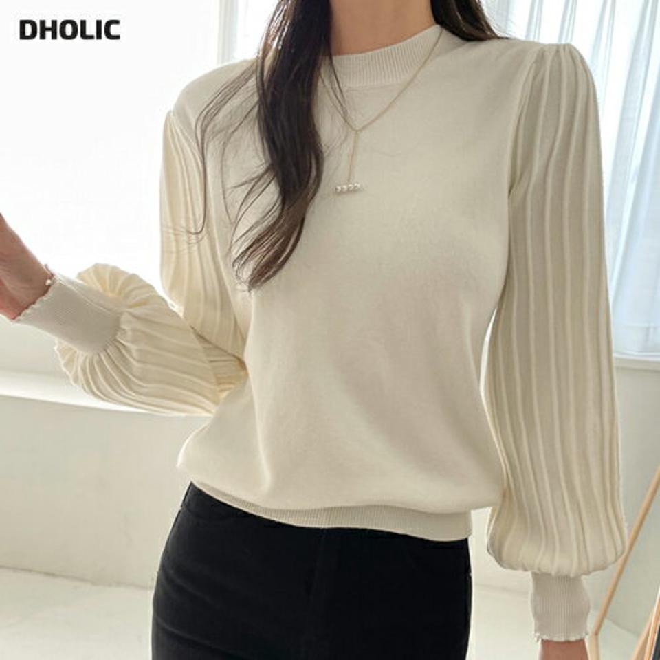 ピンタックパフニット・b00164 レディース 【tops】トップス ニット パフスリーブ 長袖 ピンタック ラウンドネック シンプル 大人 きれいめ 上品 袖コン フェミニン かわいい 可愛い 二の腕カバー 秋 冬 韓国ファッション