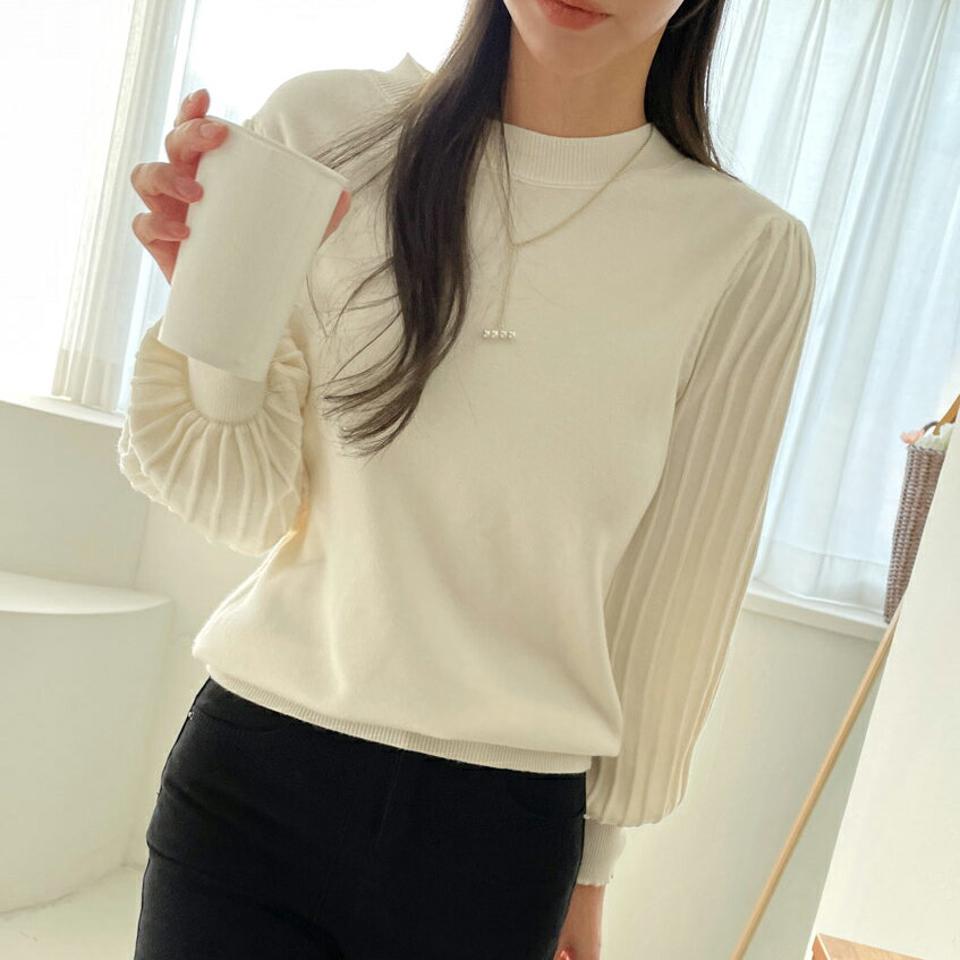 ピンタックパフニット・b00164 レディース 【tops】トップス ニット パフスリーブ 長袖 ピンタック ラウンドネック シンプル 大人 きれいめ 上品 袖コン フェミニン かわいい 可愛い 二の腕カバー 秋 冬 韓国ファッション