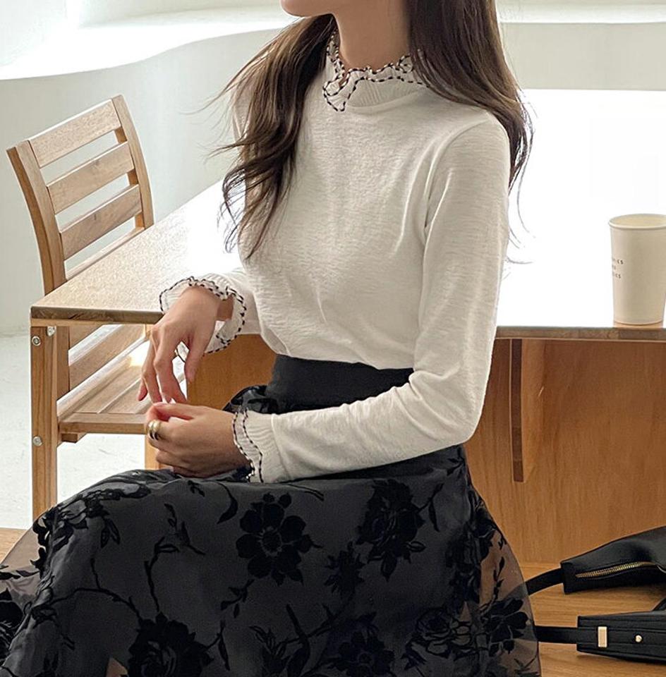 【スーパーセール特価】プリーツ配色長袖Tシャツ・b00180 レディース 【tops】トップス Tシャツ 長袖 配色 プリーツ ハイネック フリル かわいい 大人 上品 きれいめ 透け感 シアー シースルー ハーフネック ウェーブ 可愛い 秋 冬 韓国ファッション