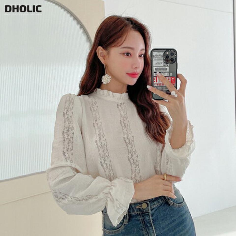 キャンディスリーブレースラインブラウス・p000149 レディース 【bl】ブラウス トップス 長袖 柄 模様 レース パフ袖 パフスリーブ 秋 冬 キュート フェミニン かわいい 可愛い 韓国ファッション MKT