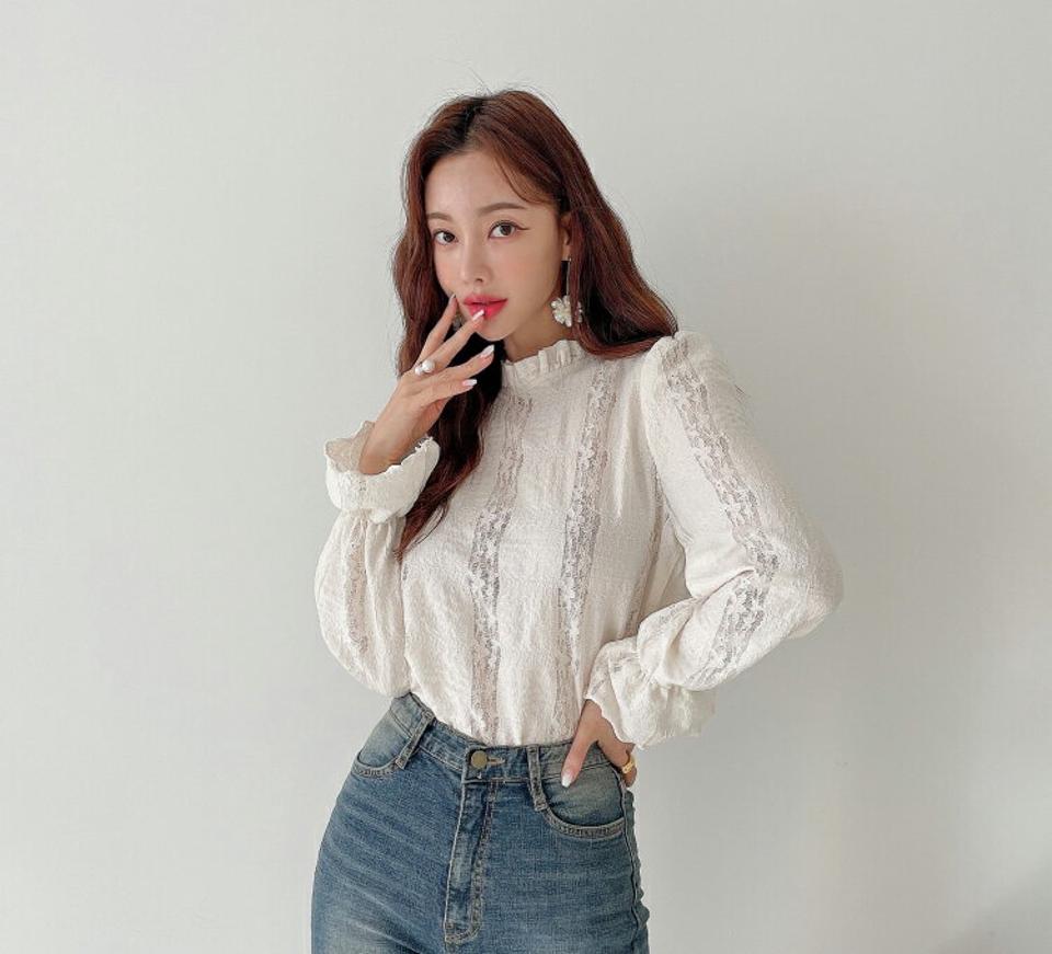 キャンディスリーブレースラインブラウス・p000149 レディース 【bl】ブラウス トップス 長袖 柄 模様 レース パフ袖 パフスリーブ 秋 冬 キュート フェミニン かわいい 可愛い 韓国ファッション MKT