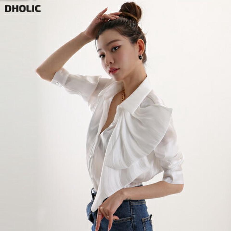 【マケット特価】ラッフルシアーカラーブラウス・p000176 レディース 【bl】トップス ブラウス 半袖 ハーフスリーブ ラッフル フリル 襟コン フェミニン ツヤ 光沢感 ホワイト 白 かわいい 可愛い 大人 春 夏 韓国ファッション MKT セール