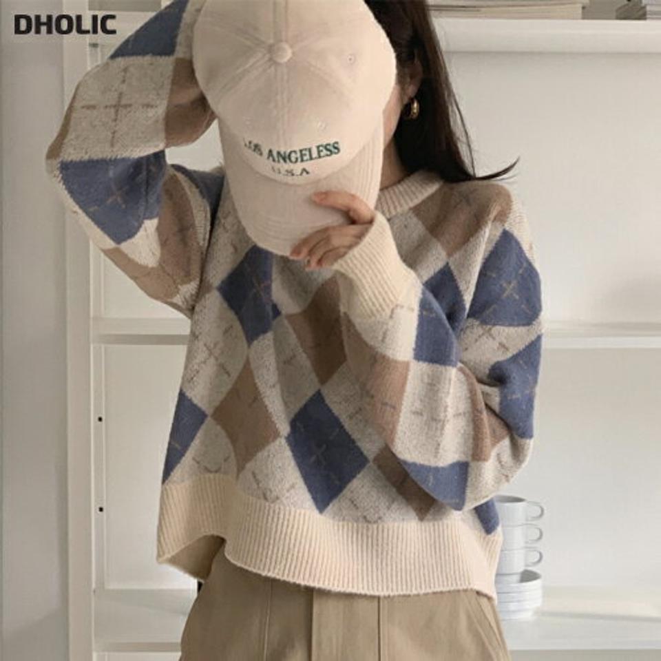 ラウンドネックアーガイルニット・p000242 レディース 【tops】トップス ニット 長袖 アーガイル柄 柄ニット ラウンドネック ラフ ショート丈 クロップド丈 秋 冬 韓国ファッション MKT