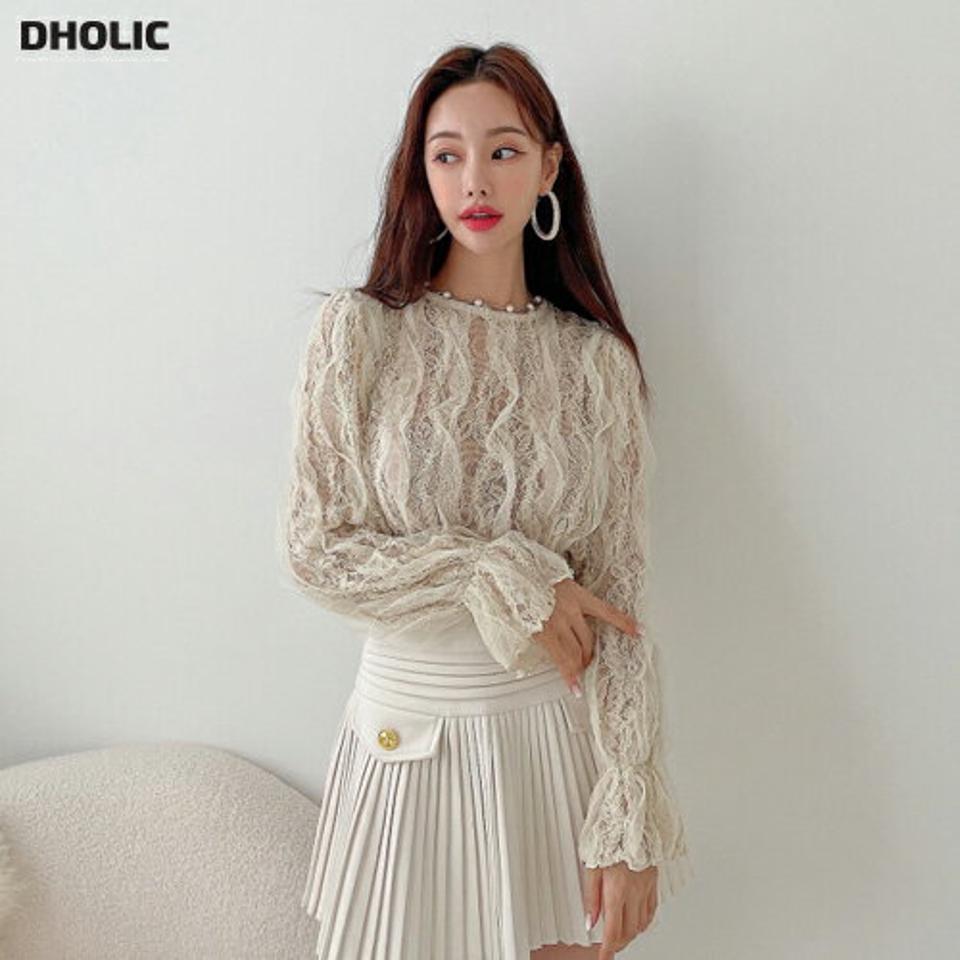 フリルレースブラウス・p000103 レディース 【bl】トップス ブラウス 長袖 フリル 総レース ラウンドネック 透け感 シアー シースルー フェミニン レディ 大人 雰囲気 かわいい 秋 冬 韓国ファッション MKT