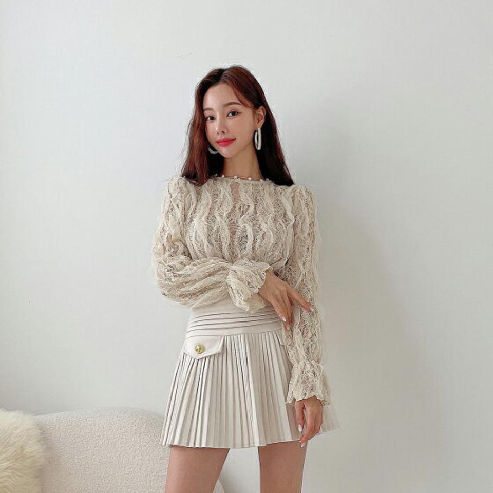 フリルレースブラウス・p000103 レディース 【bl】トップス ブラウス 長袖 フリル 総レース ラウンドネック 透け感 シアー シースルー フェミニン レディ 大人 雰囲気 かわいい 秋 冬 韓国ファッション MKT