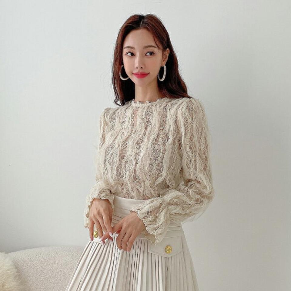 フリルレースブラウス・p000103 レディース 【bl】トップス ブラウス 長袖 フリル 総レース ラウンドネック 透け感 シアー シースルー フェミニン レディ 大人 雰囲気 かわいい 秋 冬 韓国ファッション MKT