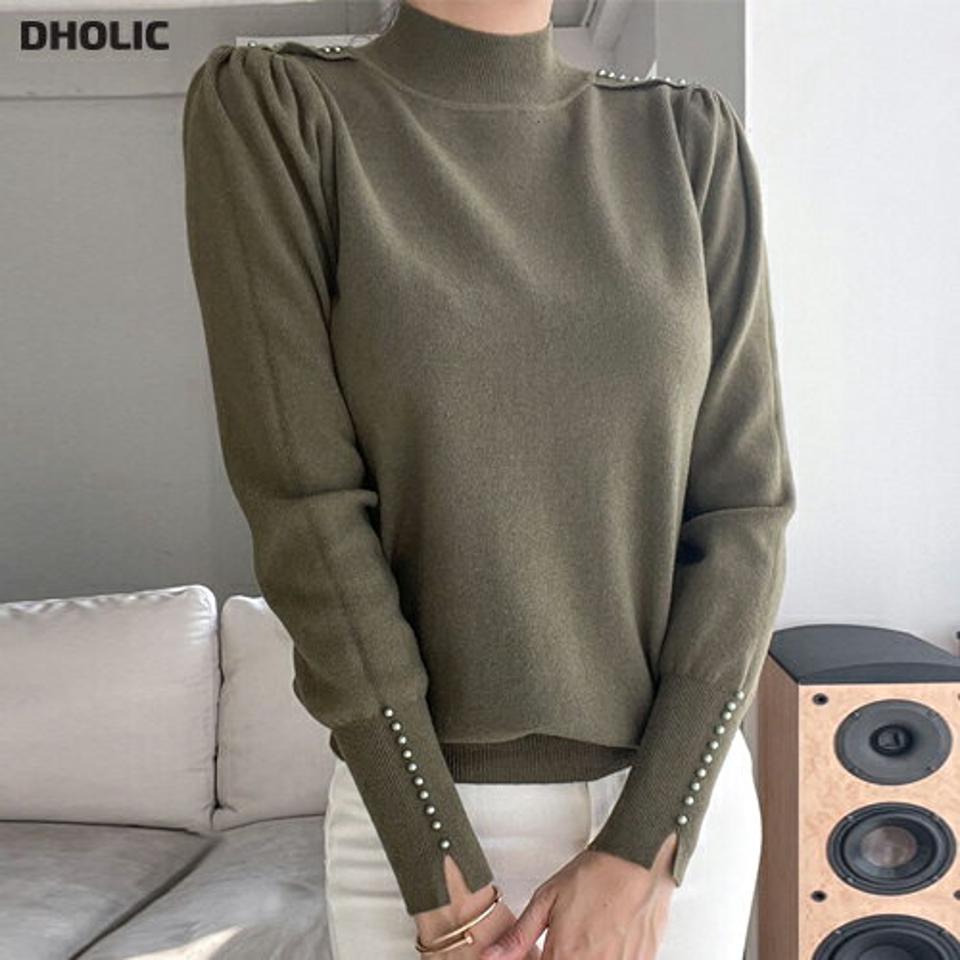 ウール混パール調ラインパフニット・p000121 レディース 【tops】トップス ニット 長袖 パール ウール モックネック カーキ シンプル かわいい 可愛い 秋 冬 韓国ファッション MKT