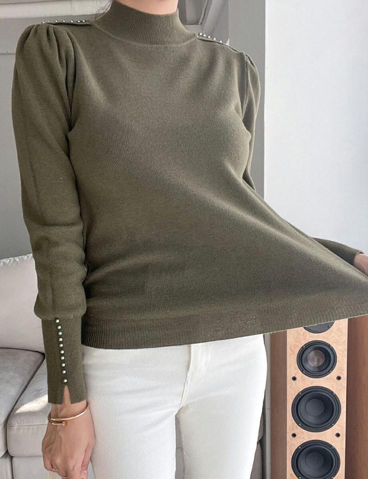 ウール混パール調ラインパフニット・p000121 レディース 【tops】トップス ニット 長袖 パール ウール モックネック カーキ シンプル かわいい 可愛い 秋 冬 韓国ファッション MKT
