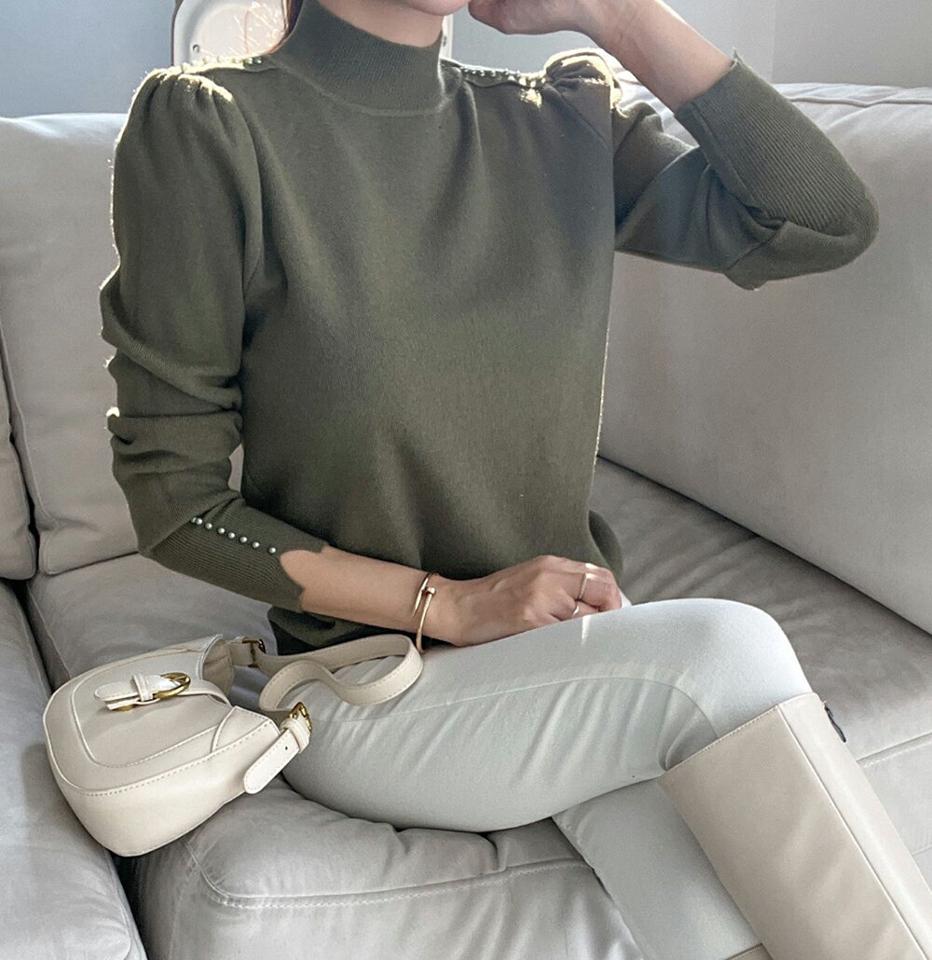 ウール混パール調ラインパフニット・p000121 レディース 【tops】トップス ニット 長袖 パール ウール モックネック カーキ シンプル かわいい 可愛い 秋 冬 韓国ファッション MKT